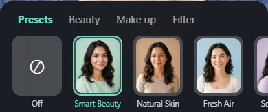 The ready-made Beauty panel: Presets, Beauty, Make up, Filter